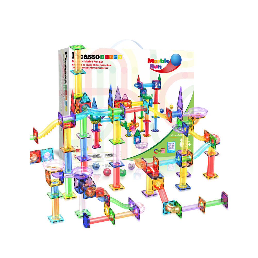 150 piece magnetic marble run set with colorful tiles, loops, curved ramps, funnels, and maze towers