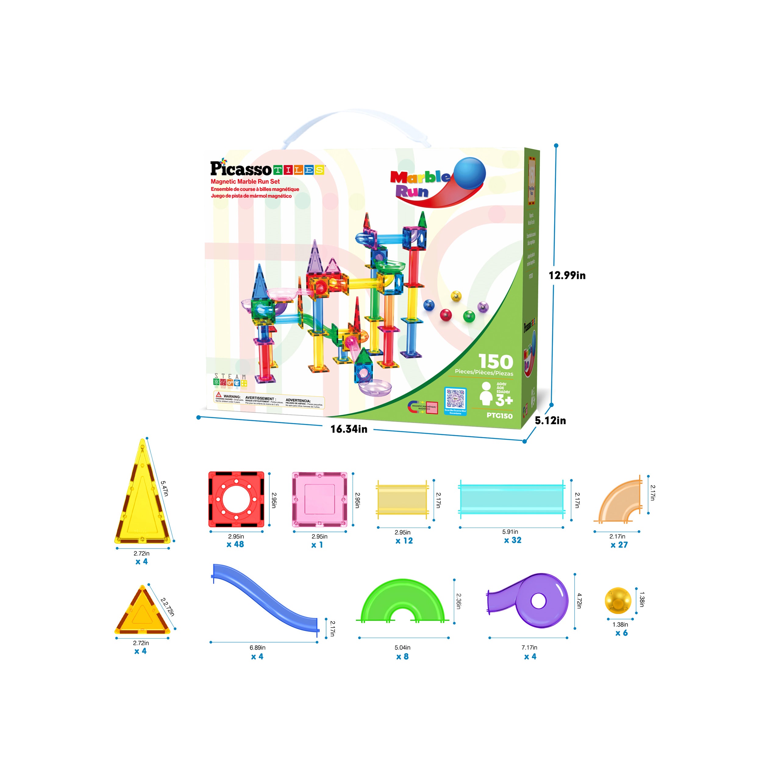 PicassoTiles 150 Piece Marble Run Building Blocks Set
