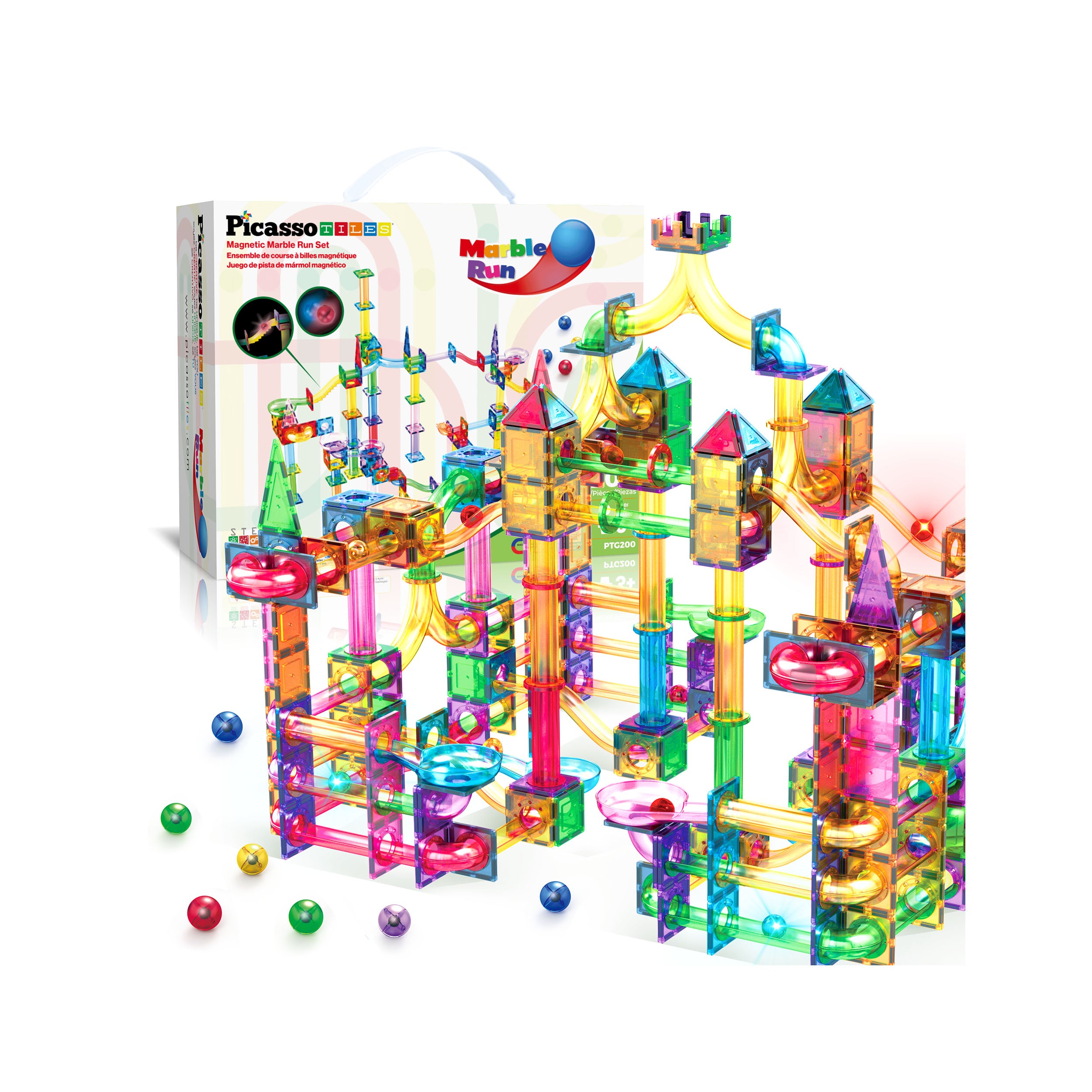 PicassoTiles 200pc Magnetic Tile Marble Run Set with LED Marbles