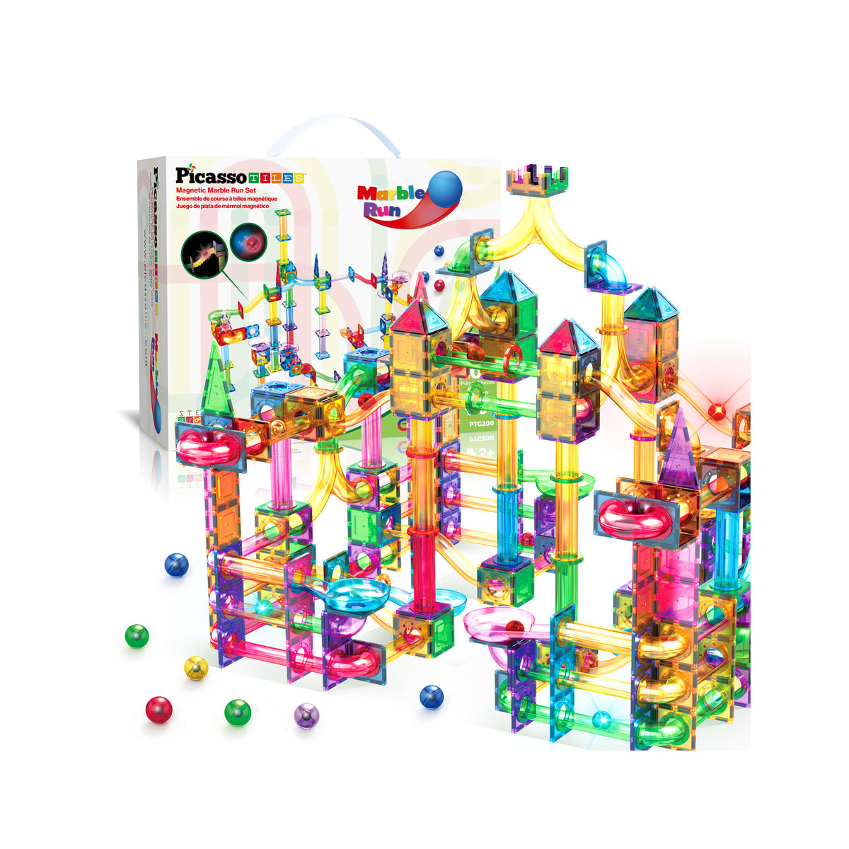 PicassoTiles 200-Piece Magnetic Tile Marble Run Toy Set PTG200