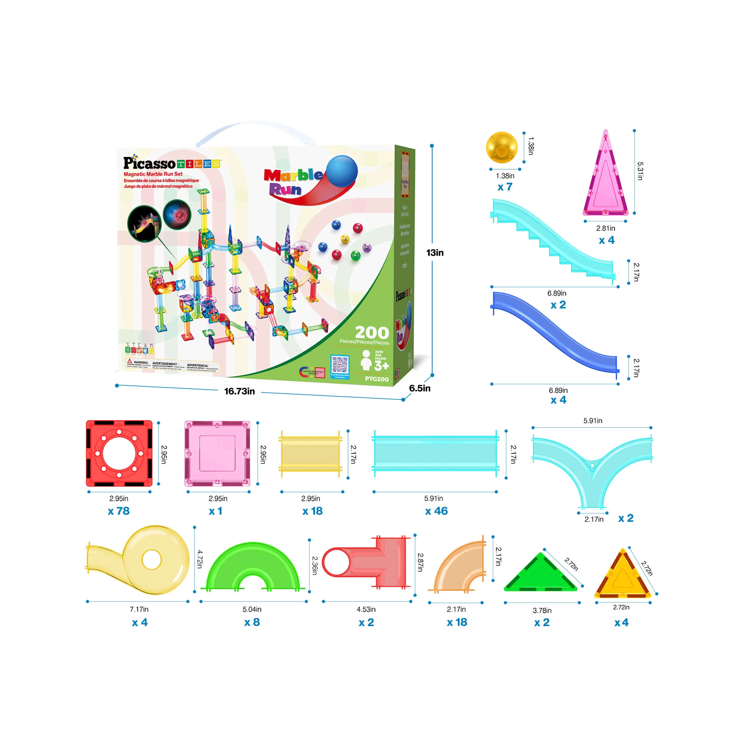 PicassoTiles 200pc Magnetic Tile Marble Run Set with LED Marbles