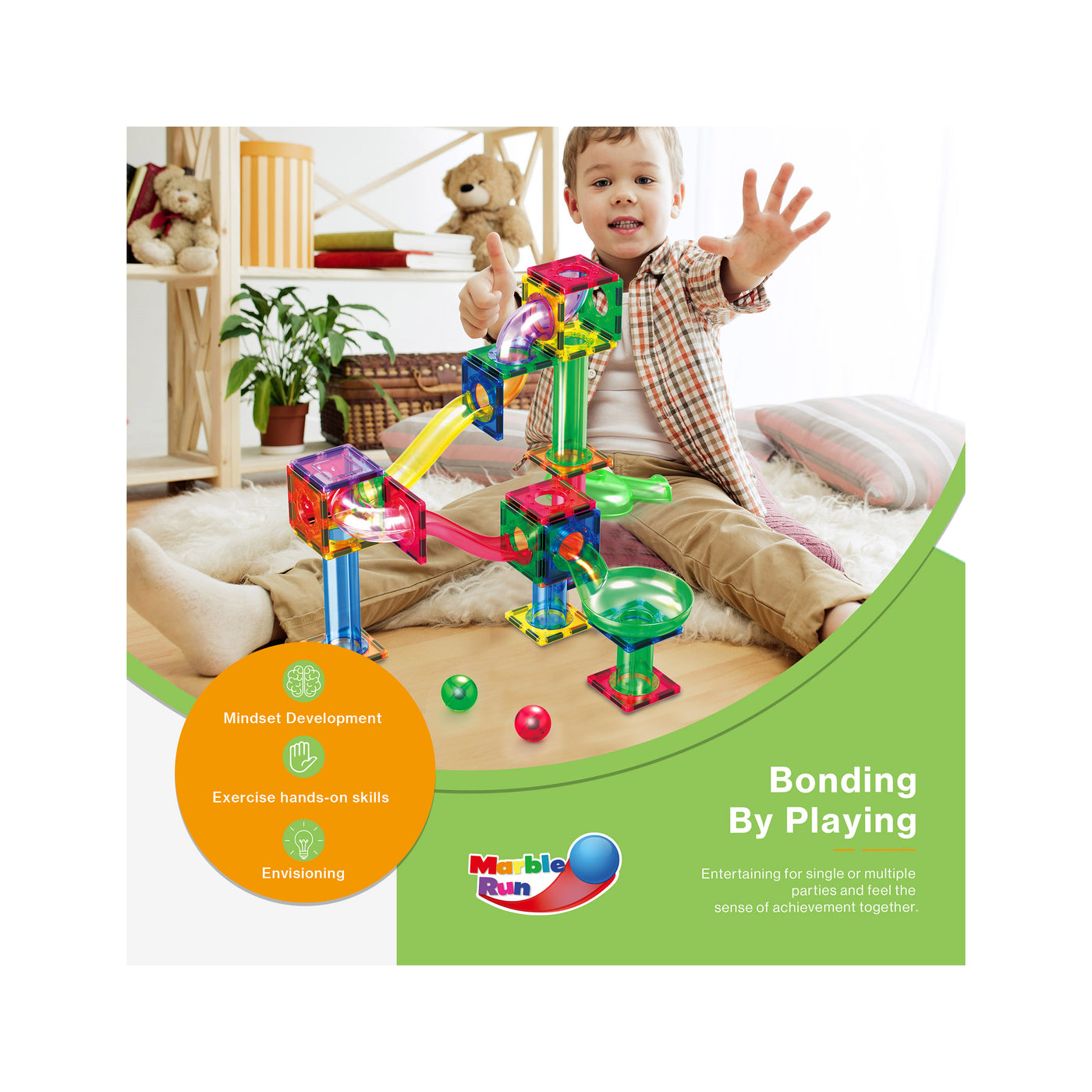 PicassoTiles 200pc Magnetic Tile Marble Run Set with LED Marbles