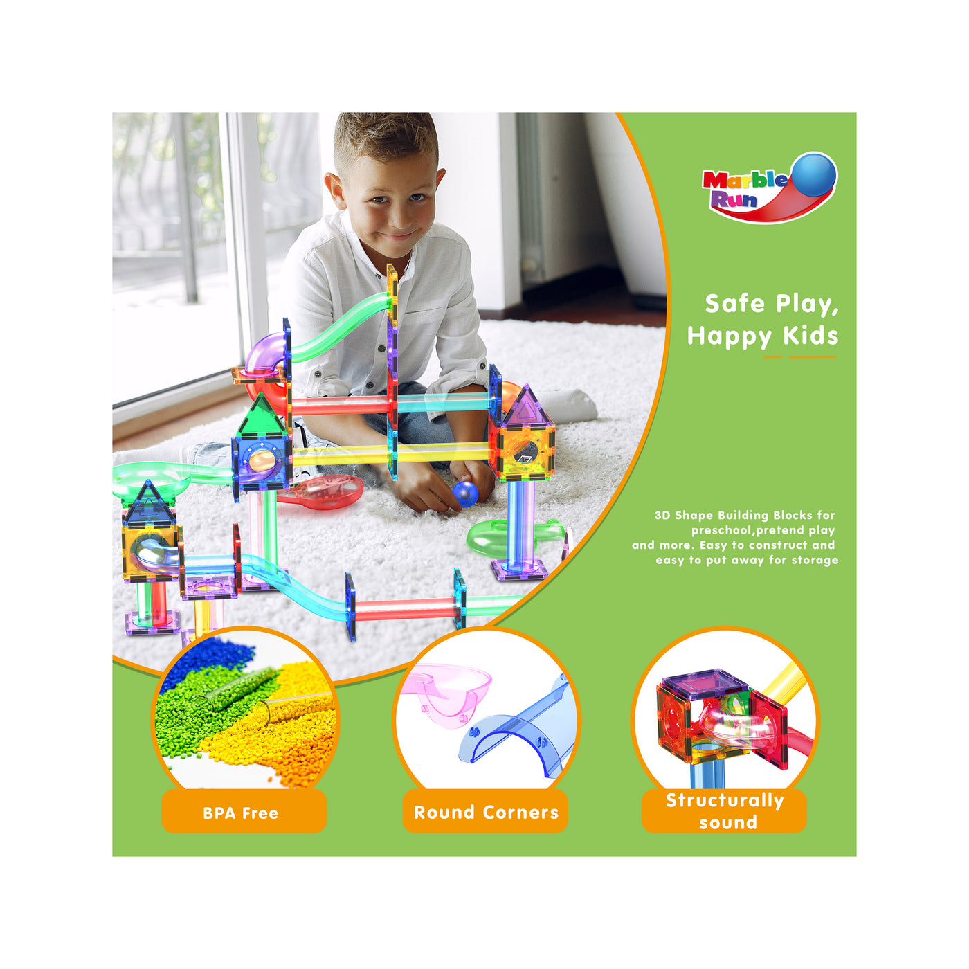 PicassoTiles 200pc Magnetic Tile Marble Run Set with LED Marbles