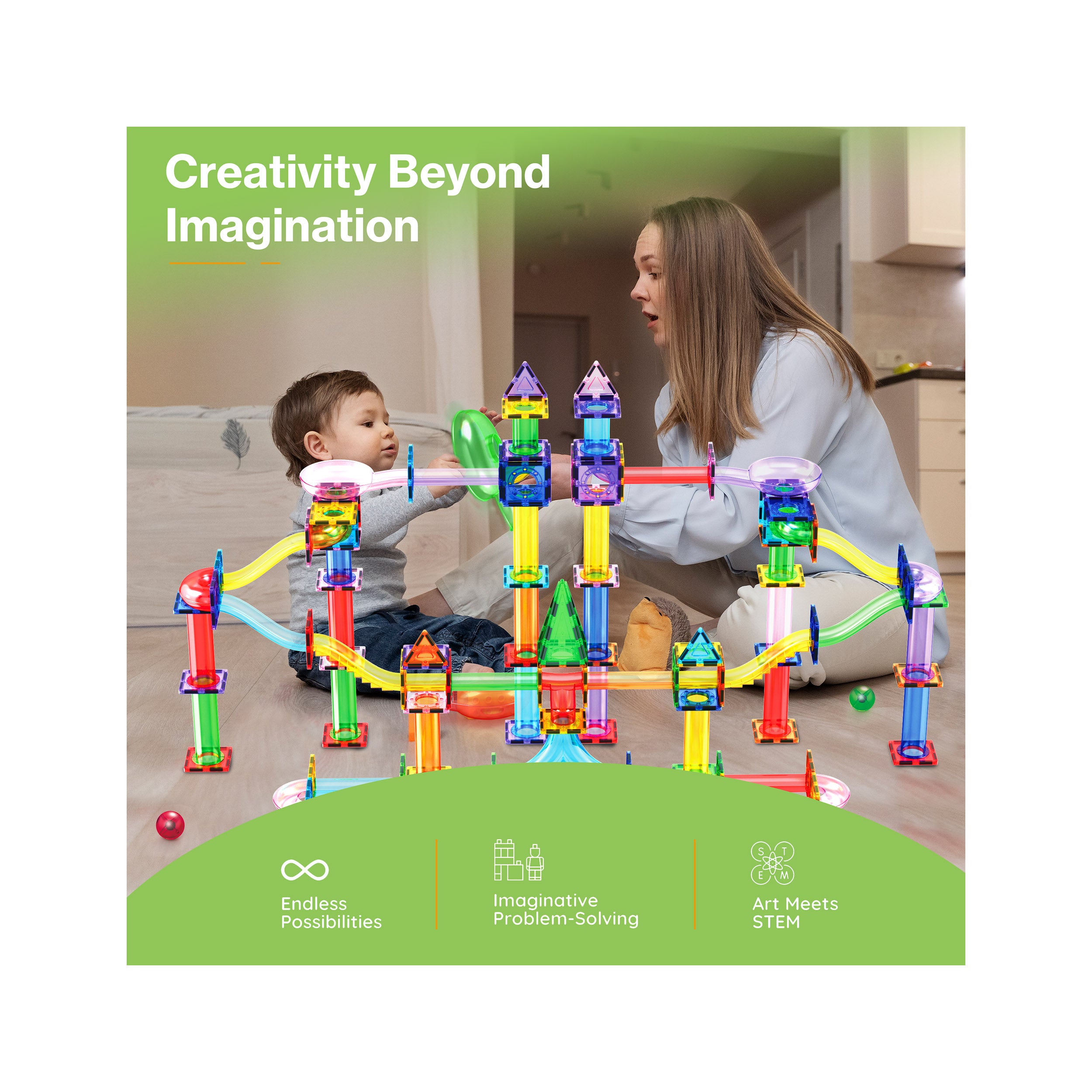 PicassoTiles 200pc Magnetic Tile Marble Run Set with LED