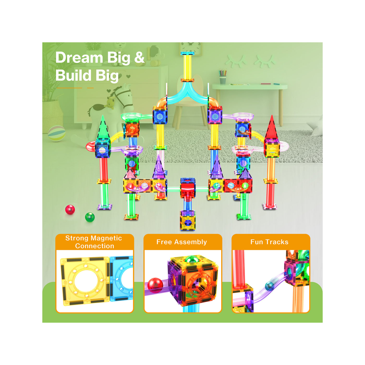 PicassoTiles 200pc Magnetic Tile Marble Run Set with LED Marbles