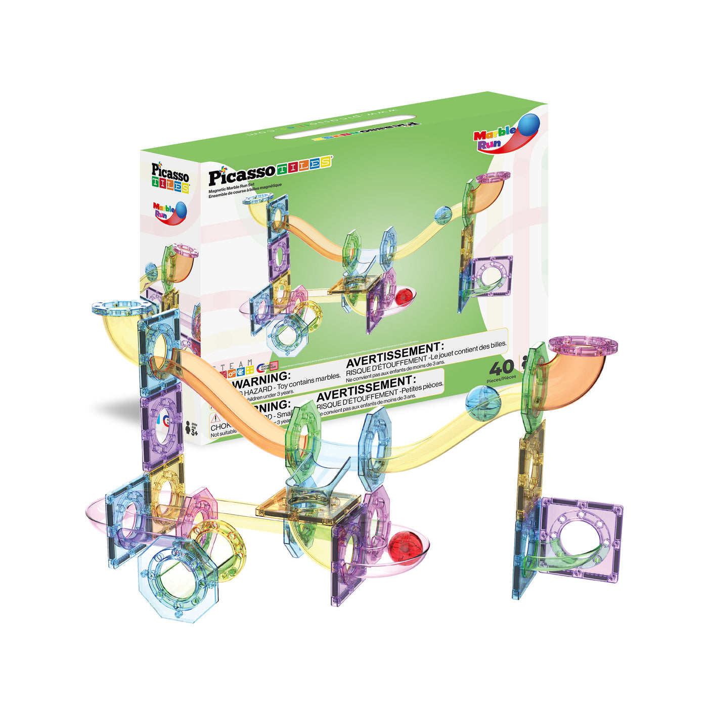 PicassoTiles 40-piece magnetic marble run playset with translucent tracks, rolling balls, and packaging box.