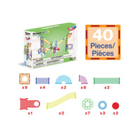 PicassoTiles 40-piece magnetic marble run playset piece breakdown diagram with packaging box.