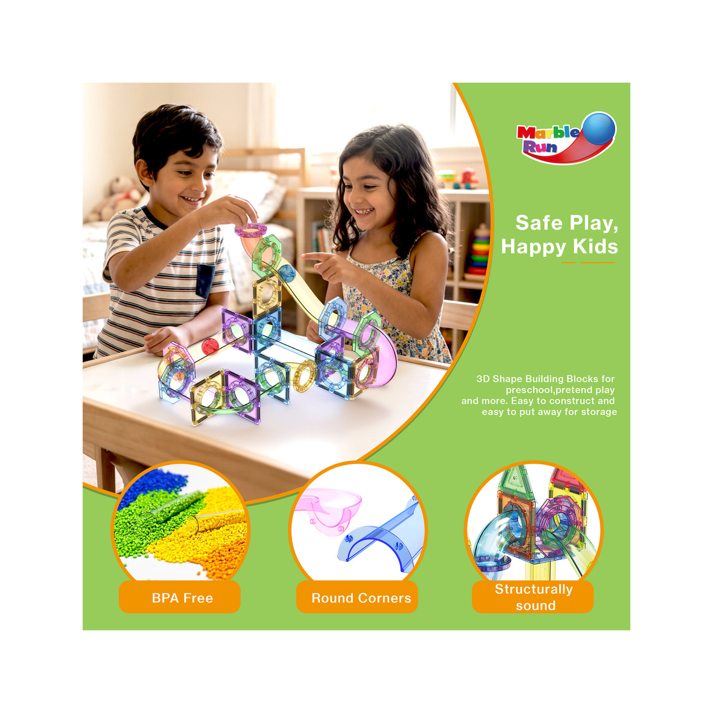 Children playing with a magnetic marble run set above BPA-free, round corners, and structurally sound badges.