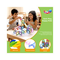 Children playing with a magnetic marble run set above BPA-free, round corners, and structurally sound badges.