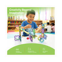 Boy playing with a magnetic marble run set below "Creativity Beyond Imagination" and STEM icons.