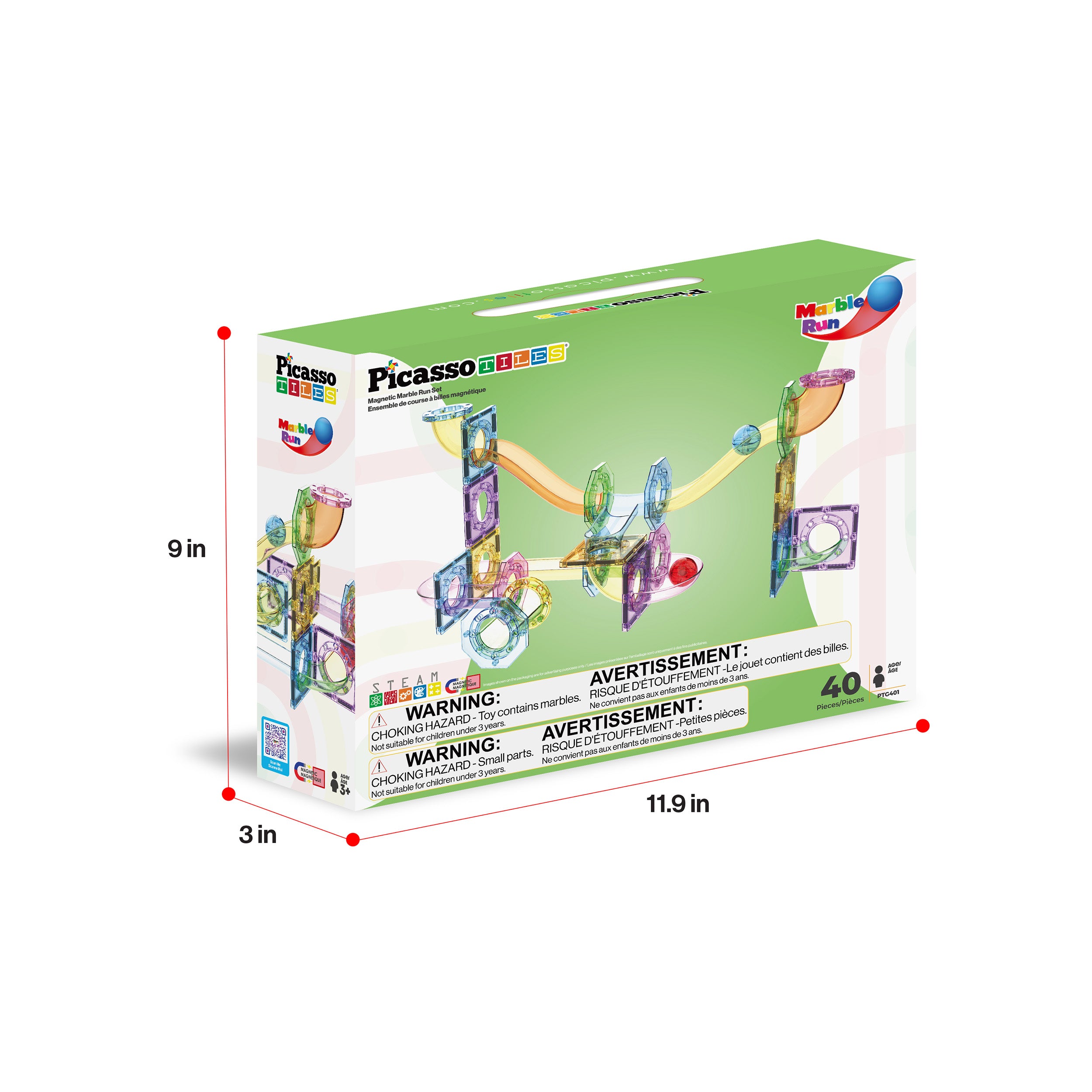 PicassoTiles 40-piece magnetic marble run box with dimensions (9 in x 11.9 in x 3 in).