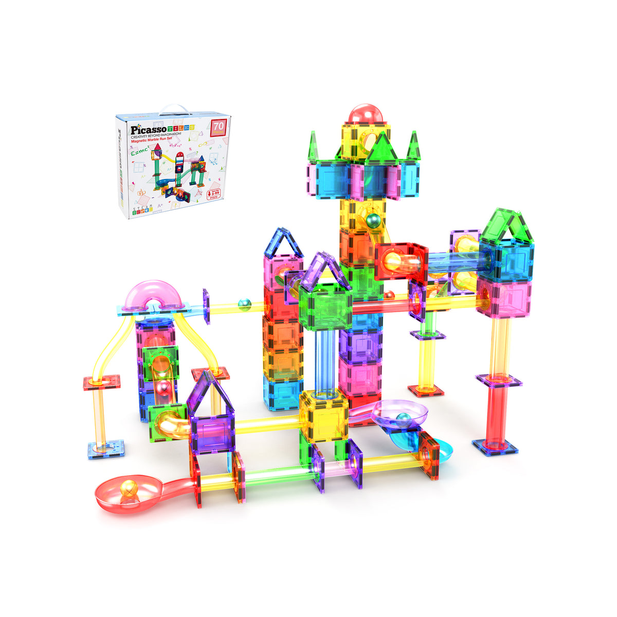 Marble Ramp Set PicassoTiles 70pc Magnetic Tile Marble Run Building Playset