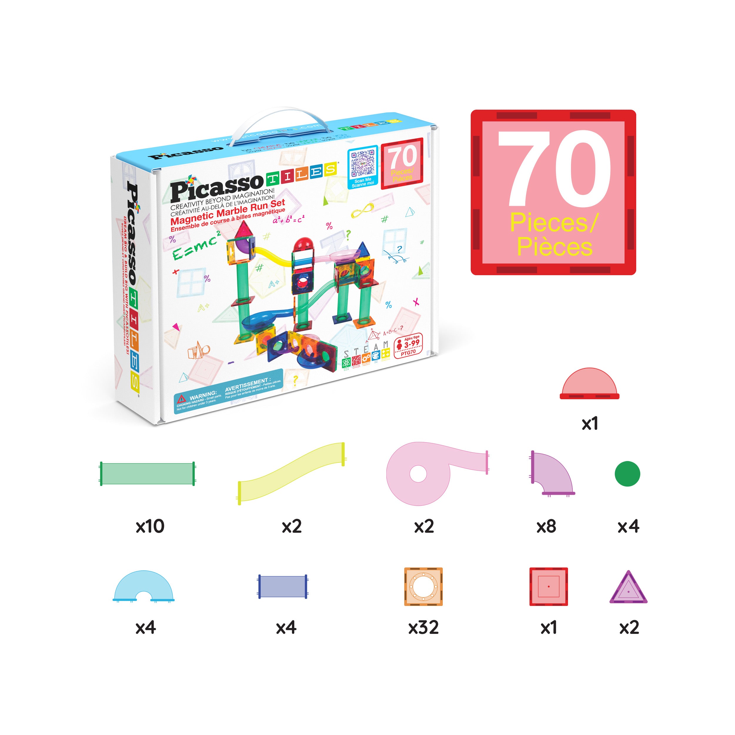 PicassoTiles 70pc Magnetic Tile Marble Run Building Playset