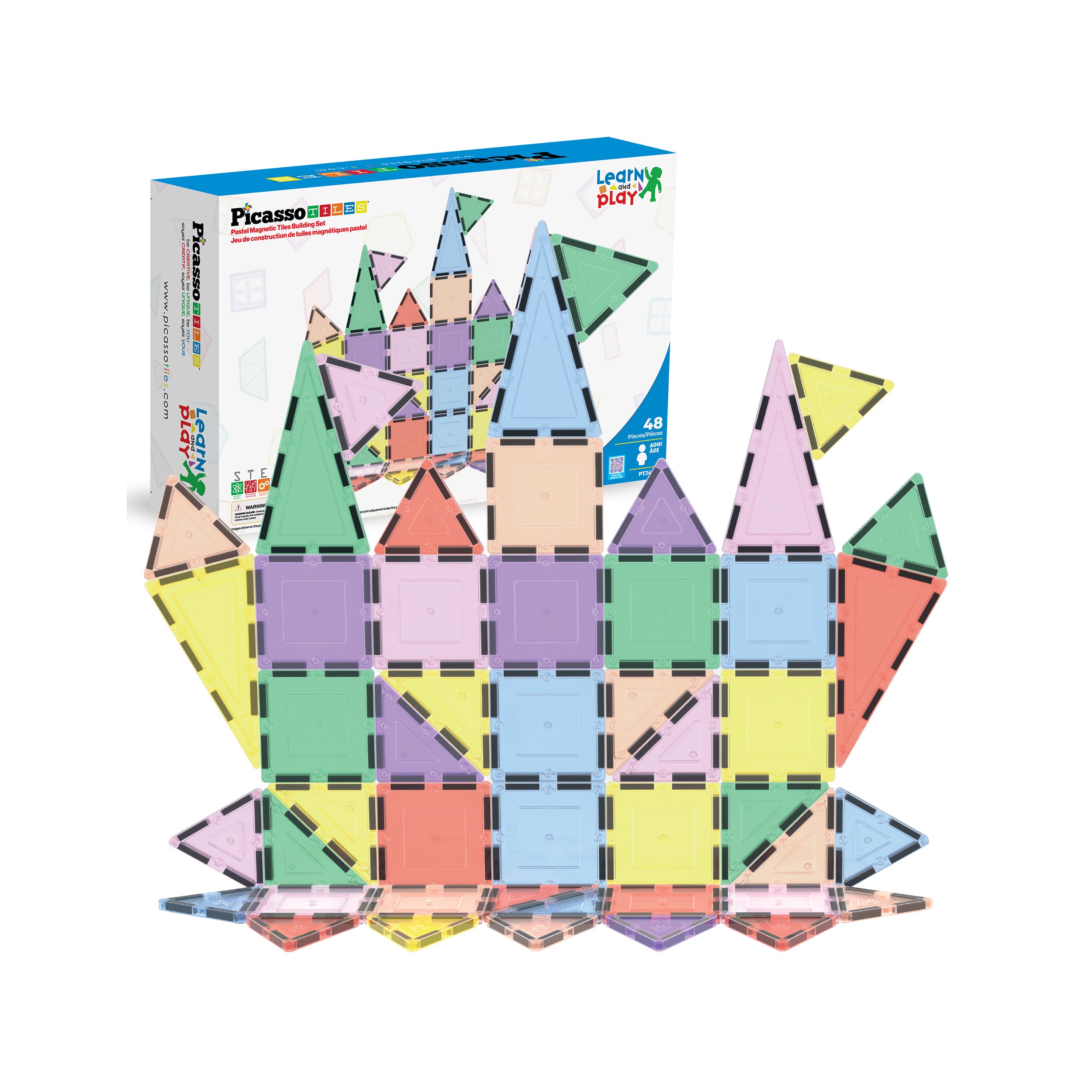 PicassoTiles Pastel Magnetic Tiles Building Set 48pc