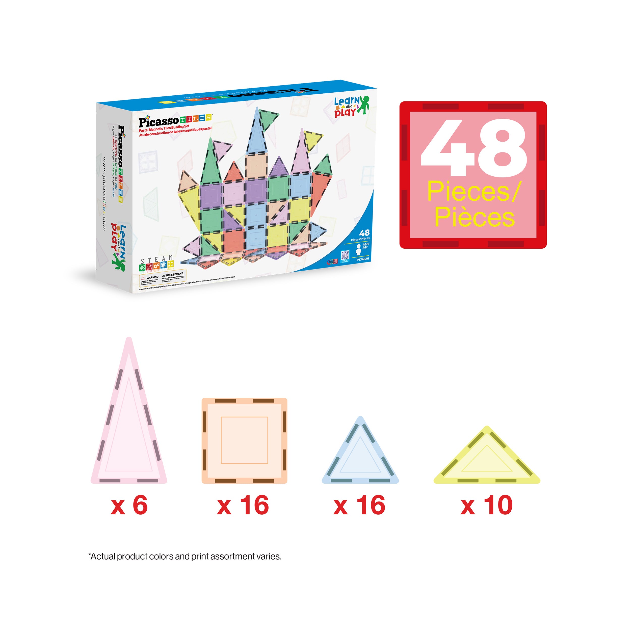 PicassoTiles Pastel Magnetic Tiles Building Set 48pc