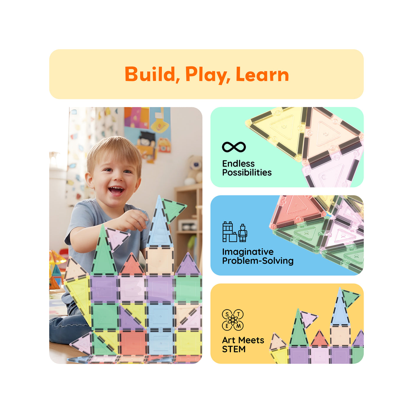 PicassoTiles Pastel Magnetic Tiles Building Set 48pc