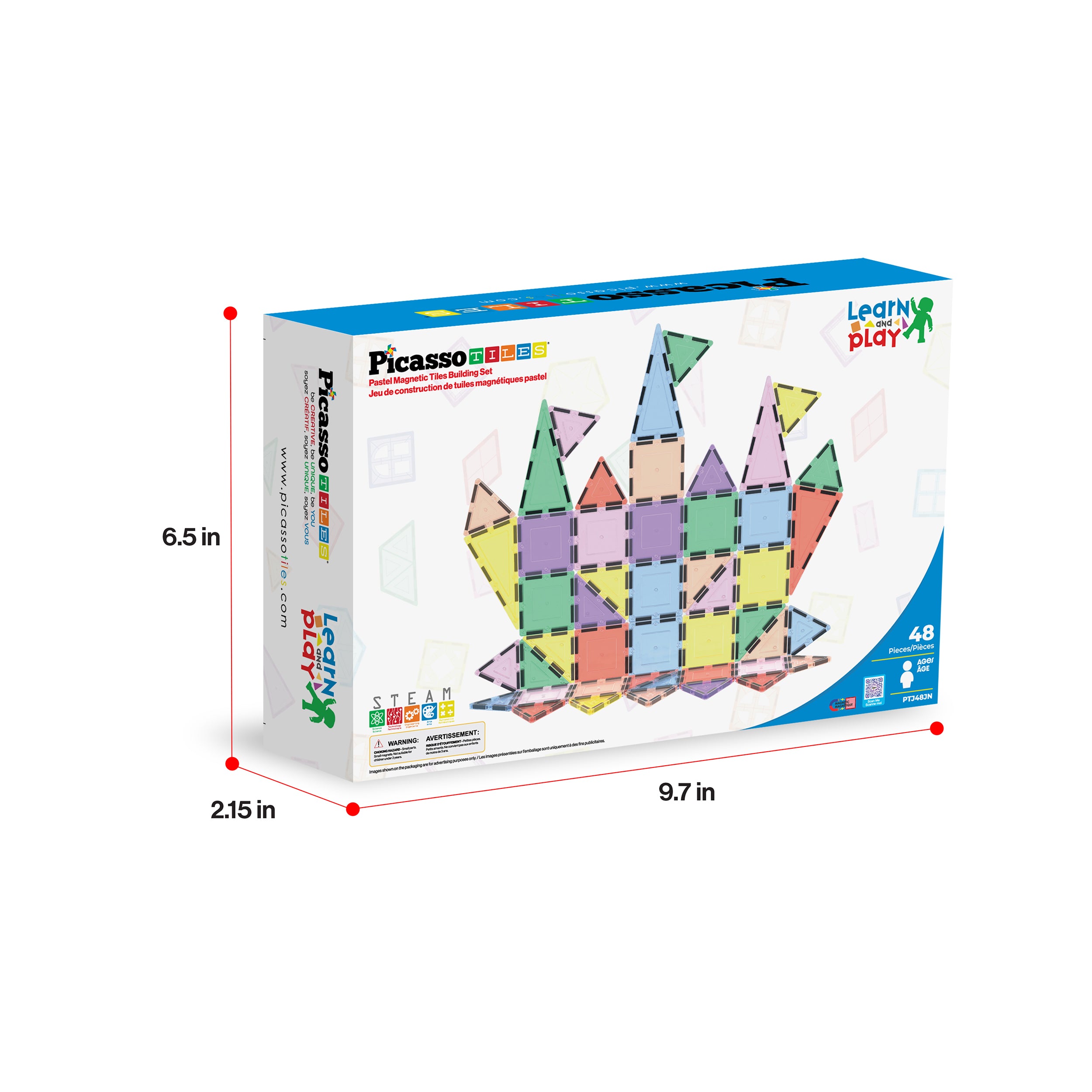 PicassoTiles Pastel Magnetic Tiles Building Set 48pc