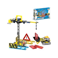 PicassoTiles construction playset featuring assembled crane, bulldozer, figure, tiles, and box packaging.   
PNG