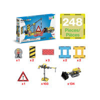 PicassoTiles 248-piece construction playset piece breakdown diagram with magnetic tiles, crane, and bulldozer.