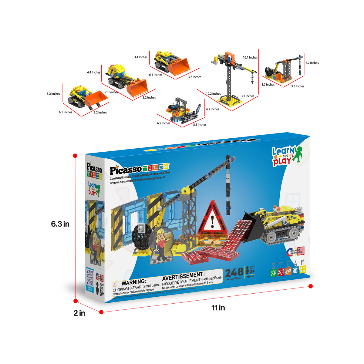 PicassoTiles 248-piece construction set box with dimensions (6.3 in x 11 in x 2 in) and model sizing guide.   
PNG