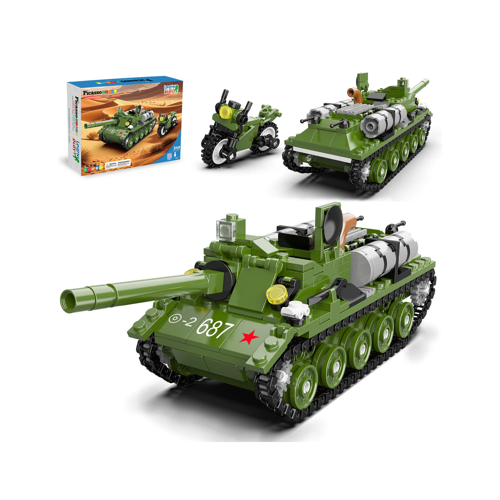 Green military tank building block set including a toy tank with a long cannon, a matching motorcycle, and the product box.