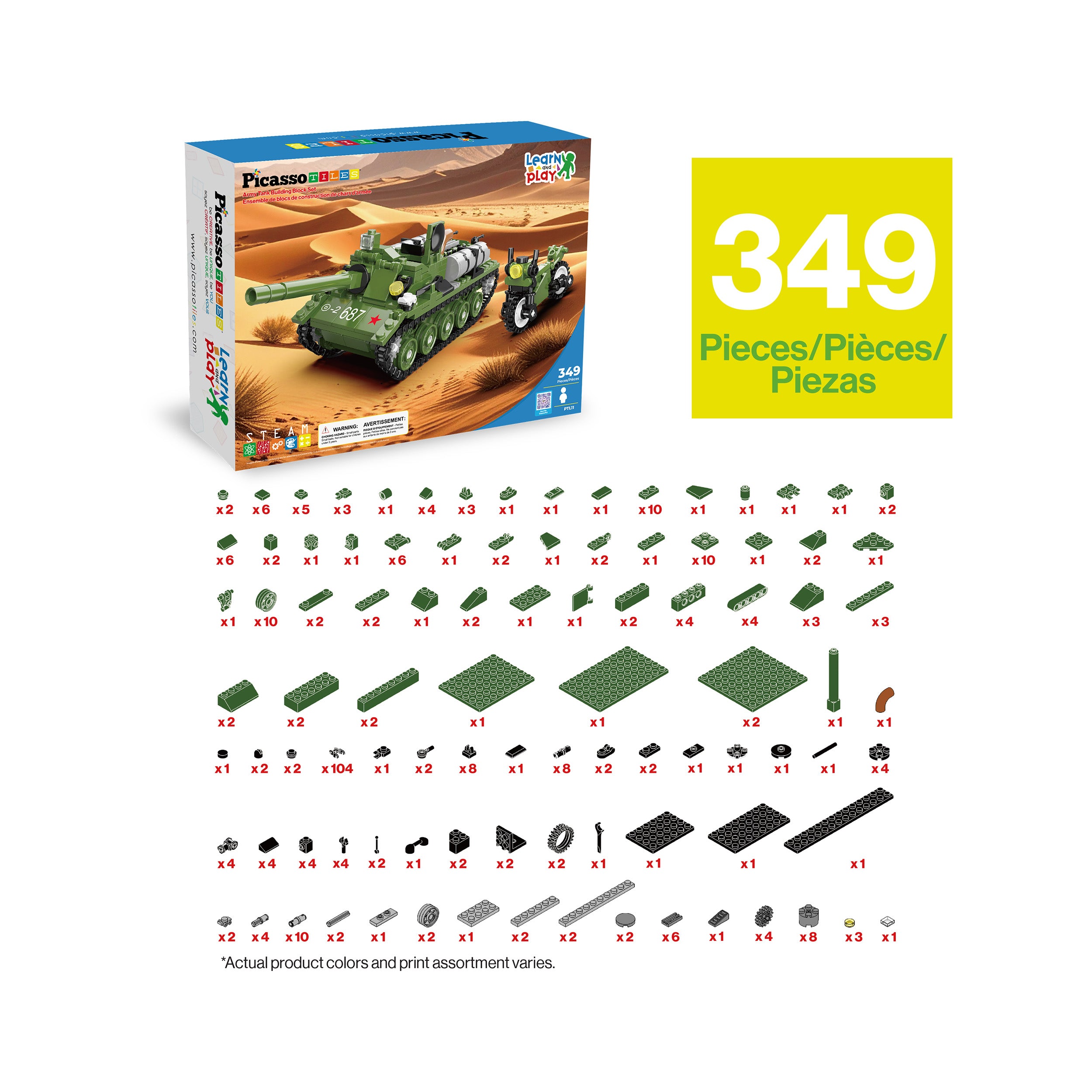PicassoTiles 349pc Army Tank & Military Motorcycle Brick Block