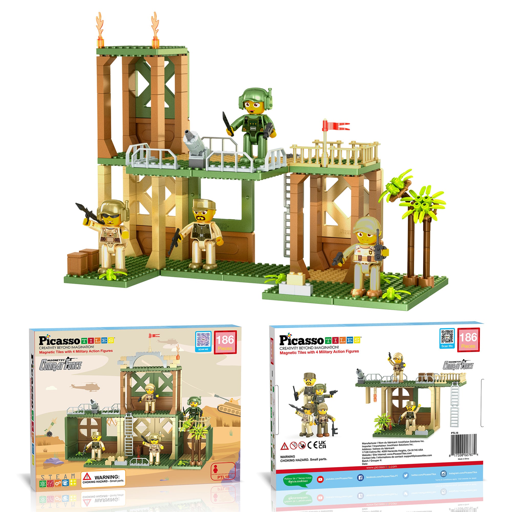 PicassoTiles Military Magnetic Tile, Bricks & Blocks Combo Building Se