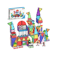 PicassoTiles magnetic block castle set with packaging, sheep figure, and 2D character figurines.
