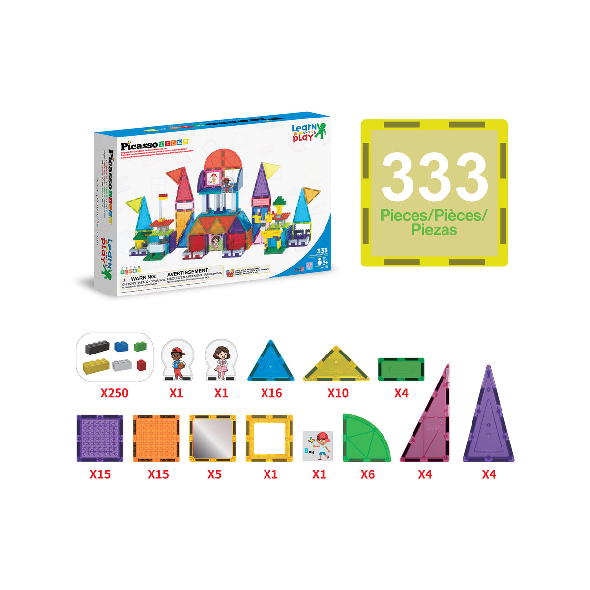 PicassoTiles 333-piece set packaging with piece breakdown including bricks, tiles, and 2D character figurines.   