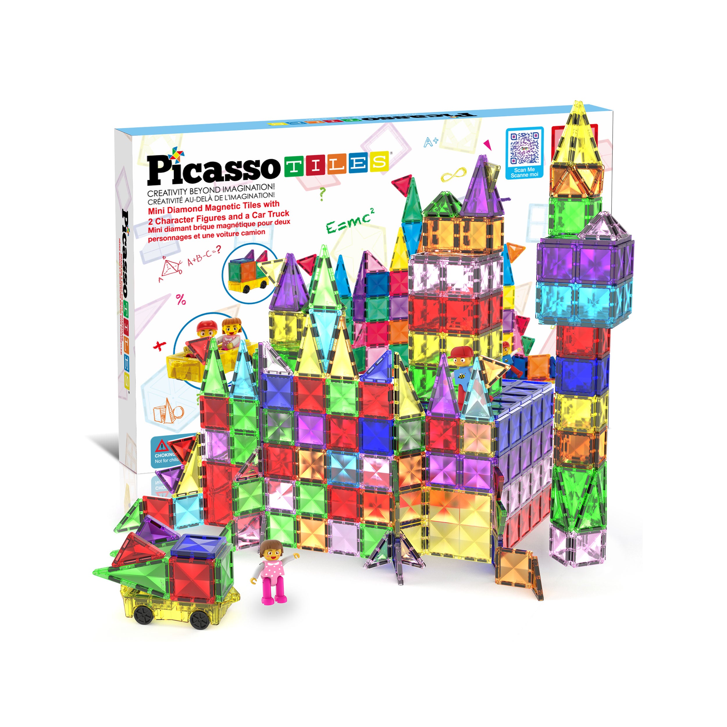PicassoTiles Mini Diamond Travel Size 120pc Magnet Tiles with Figures and Car Set