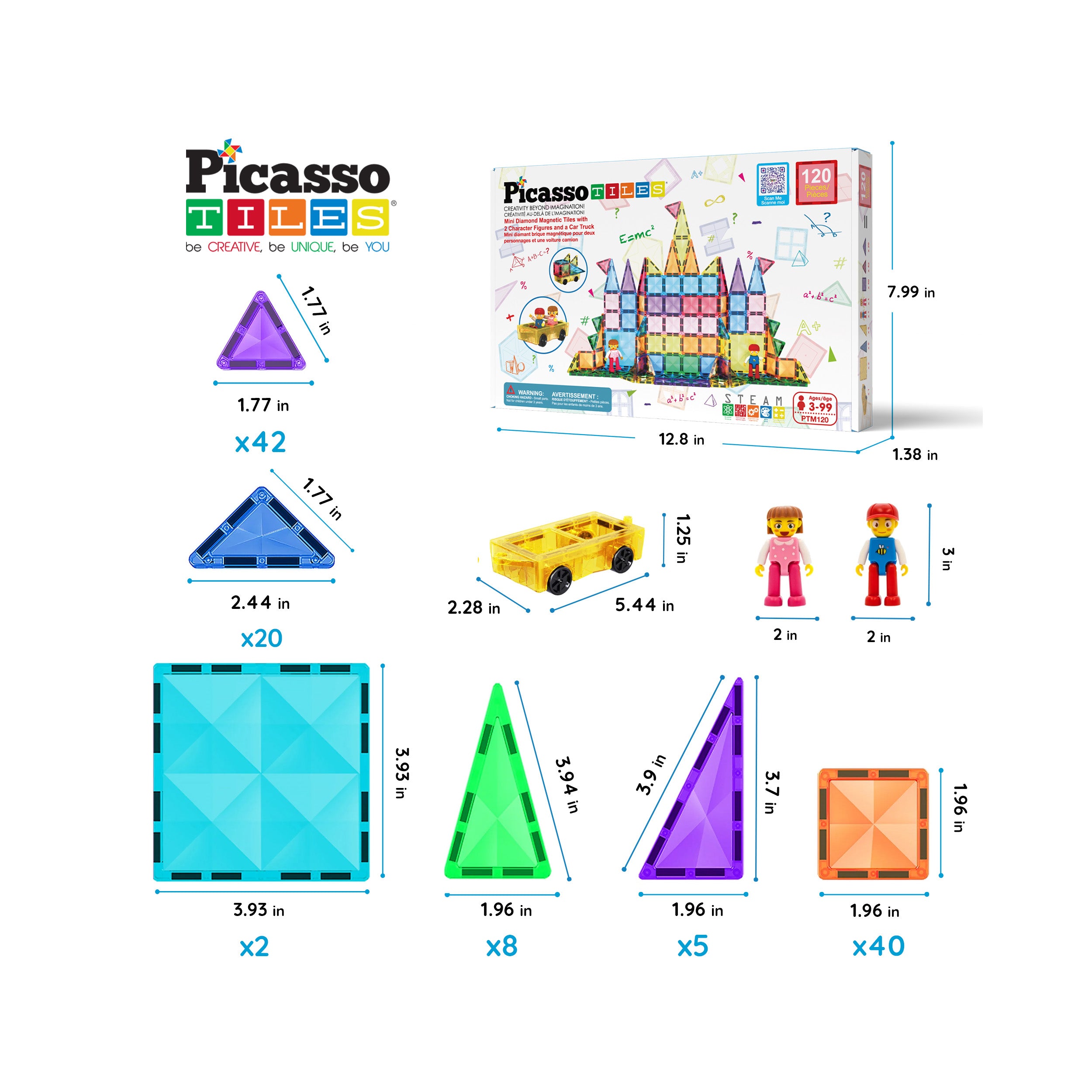 PicassoTiles Mini Diamond Travel Size 120pc Magnet Tiles with Figures