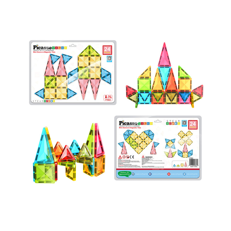 PicassoTiles 24-piece packaging alongside assembled 2D and 3D multi-colored magnetic tile structures.