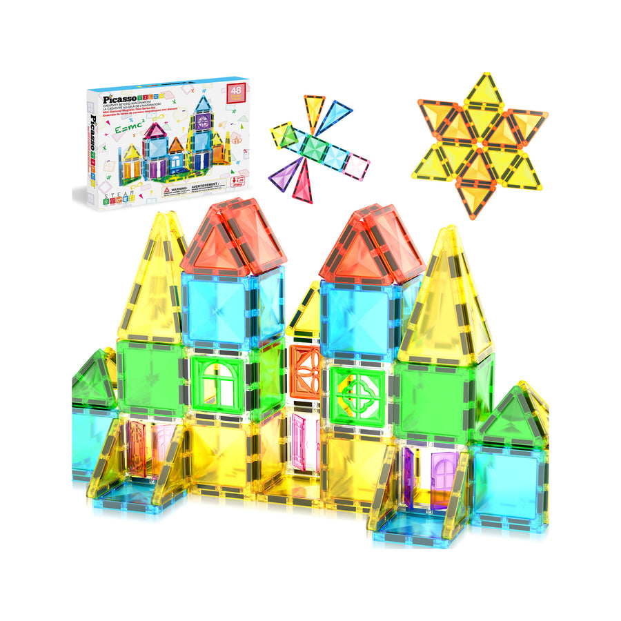 PicassoTiles Travel Size Magnetic Tiles Toy with Windows and Clip-On Doors - 48 Pieces