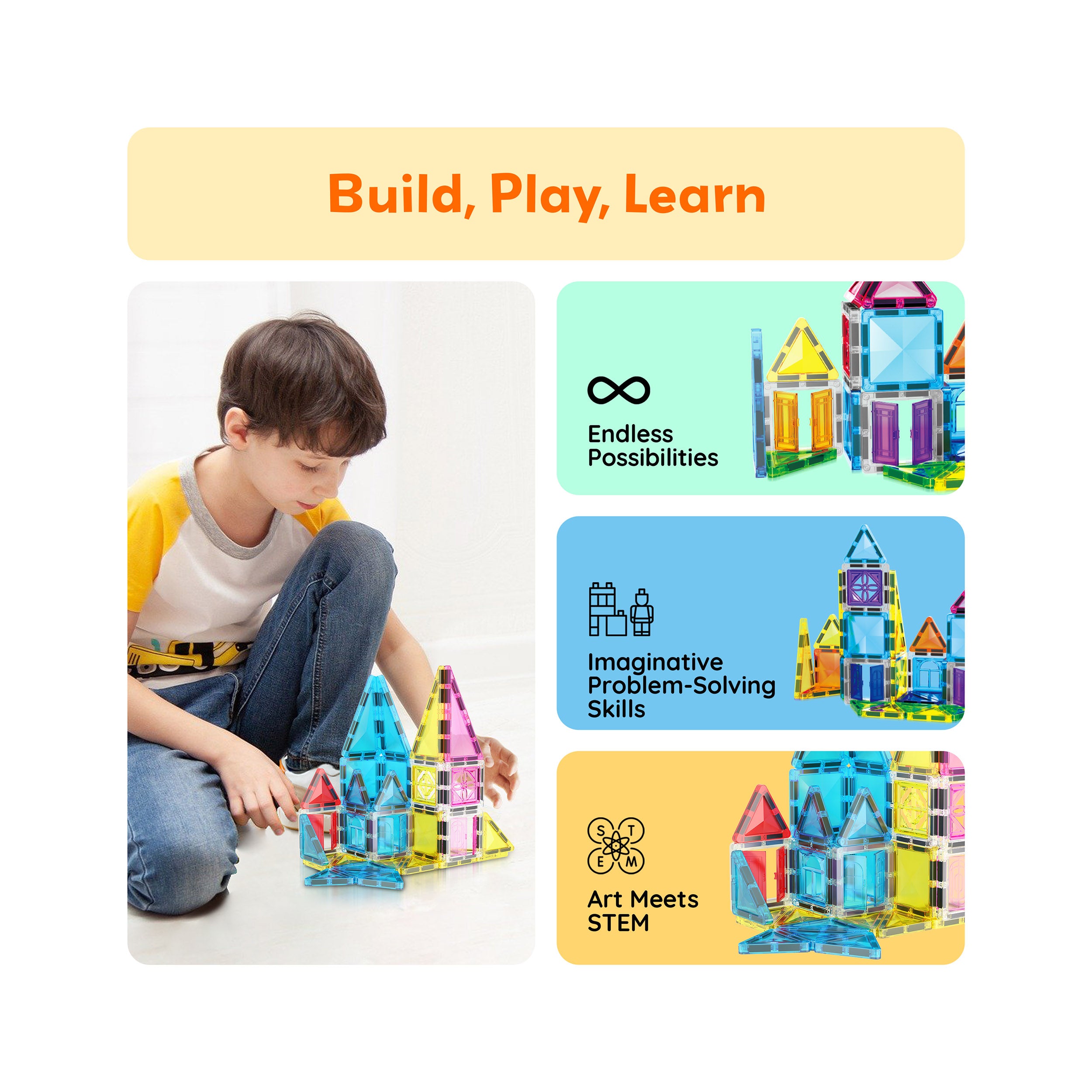 PicassoTiles Travel Size Magnetic Tiles Toy with Windows and Clip-On Doors - 48 Pieces