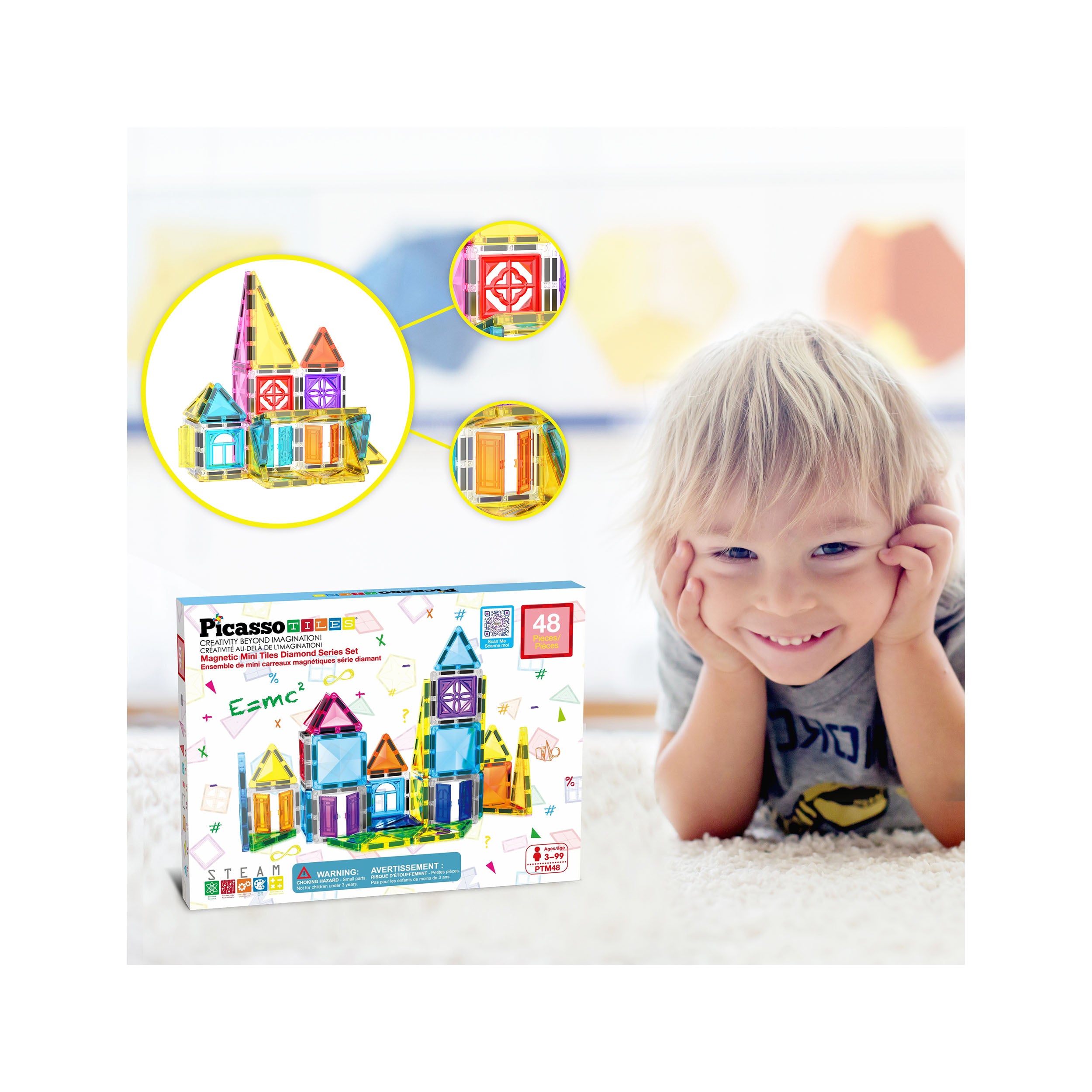 PicassoTiles Travel Size Magnetic Tiles Toy with Windows and Clip-On Doors - 48 Pieces