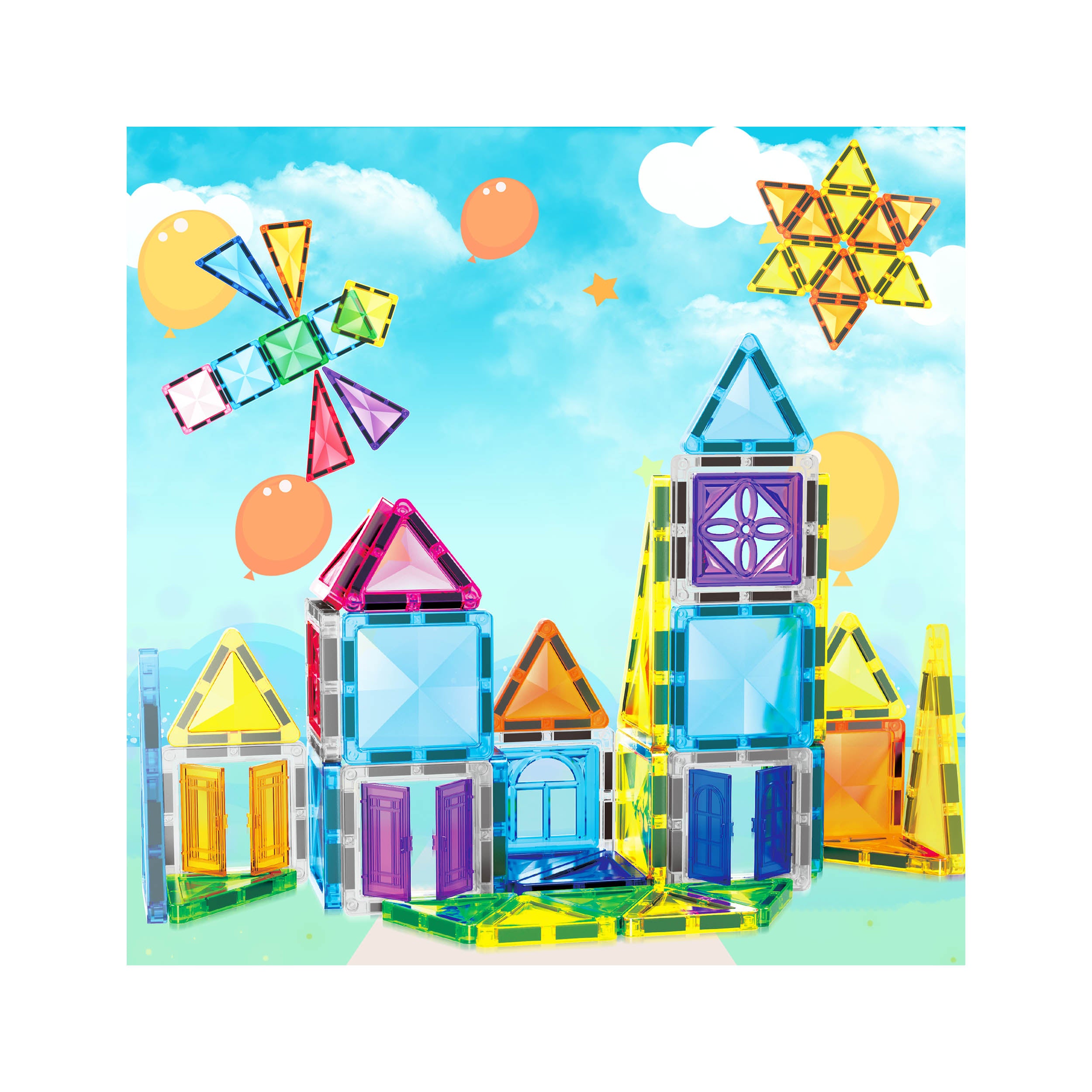 PicassoTiles Travel Size Magnetic Tiles Toy with Windows and Clip-On Doors - 48 Pieces