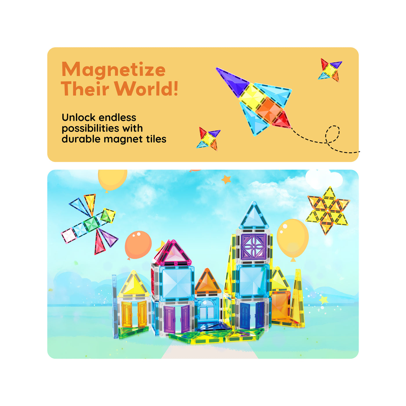 PicassoTiles Travel Size Magnetic Tiles Toy with Windows and Clip-On Doors - 48 Pieces