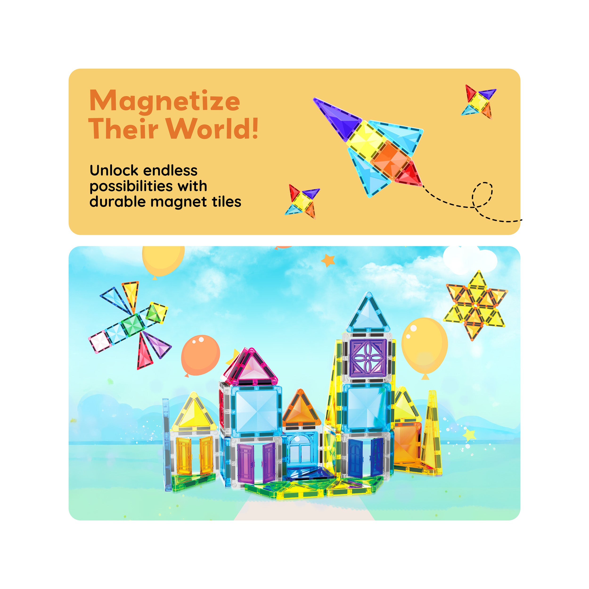 PicassoTiles Travel Size Magnetic Tiles Toy with Windows and Clip-On Doors - 48 Pieces