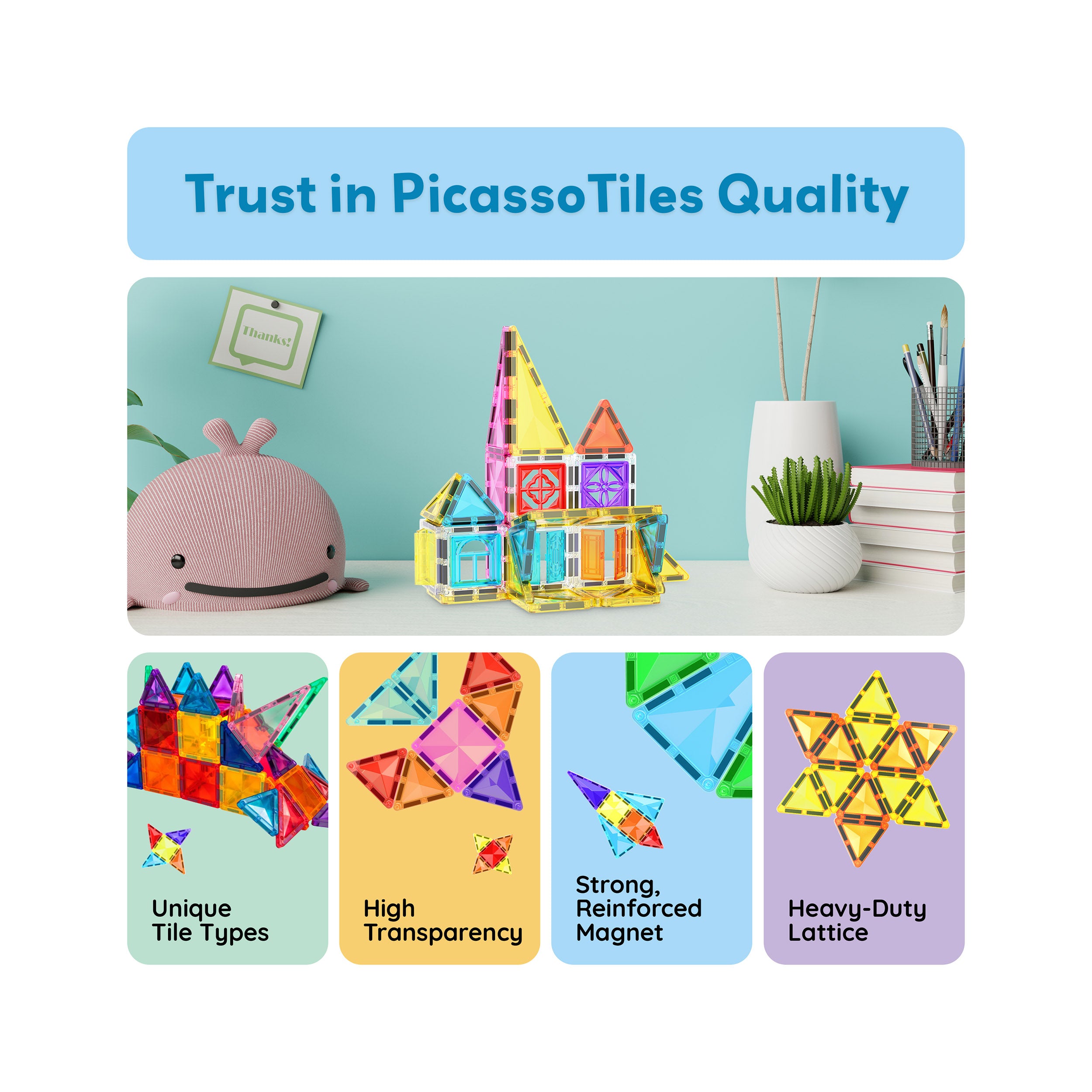 PicassoTiles Travel Size Magnetic Tiles Toy with Windows and Clip-On Doors - 48 Pieces