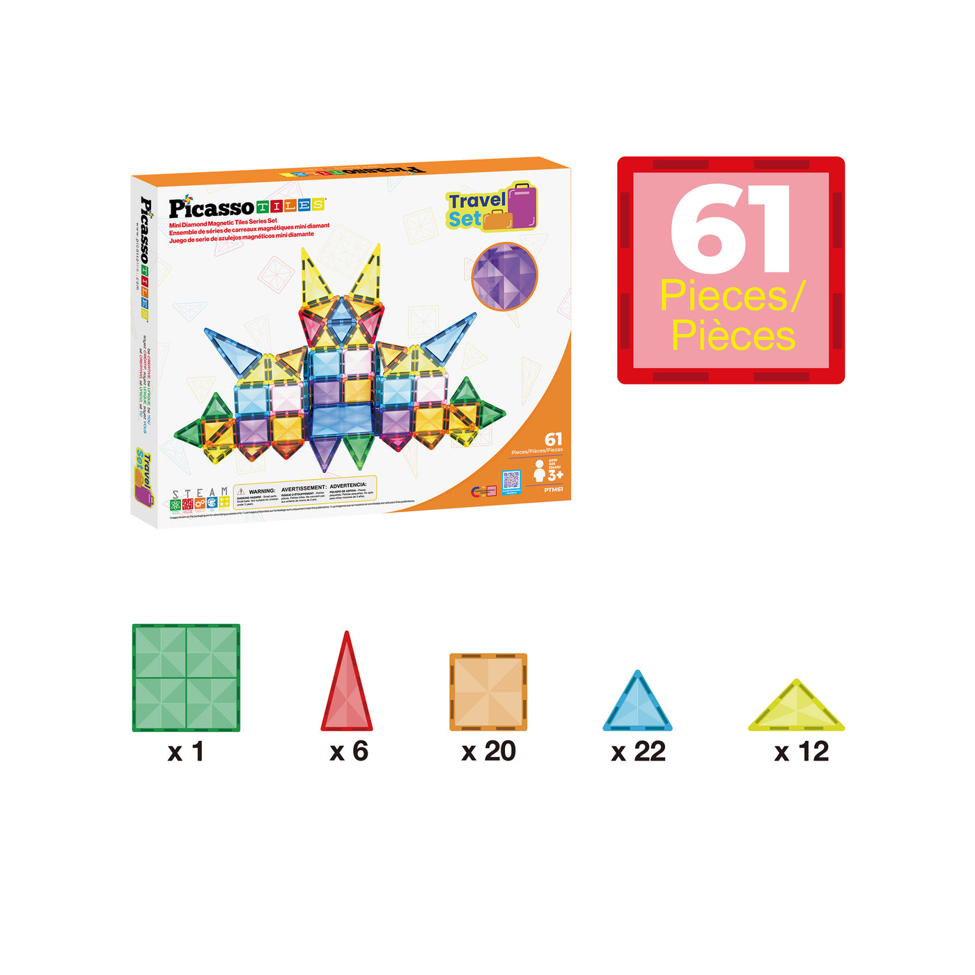 PicassoTiles Mini Diamond 61pc Travel Set