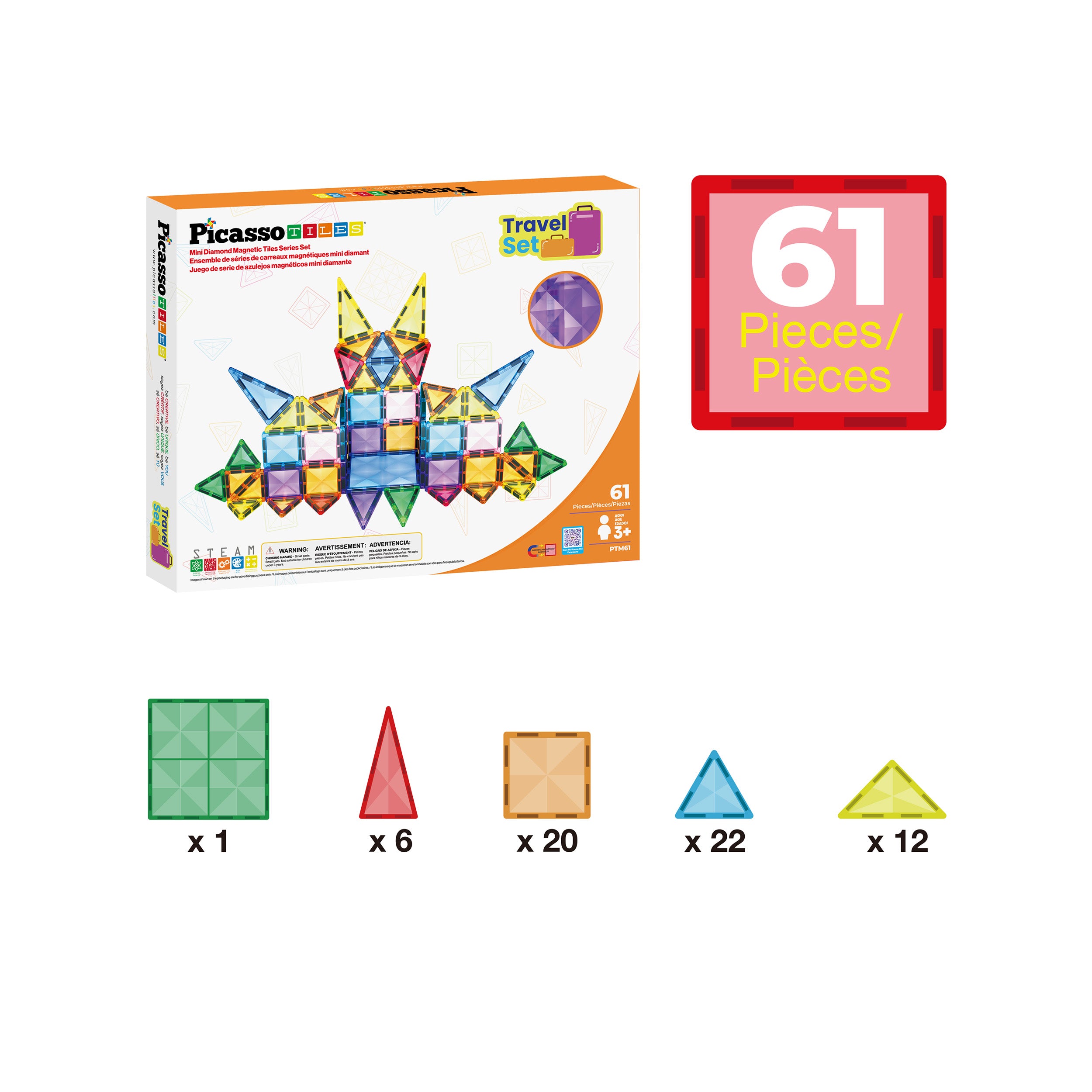 PicassoTiles Mini Diamond 61pc Travel Set