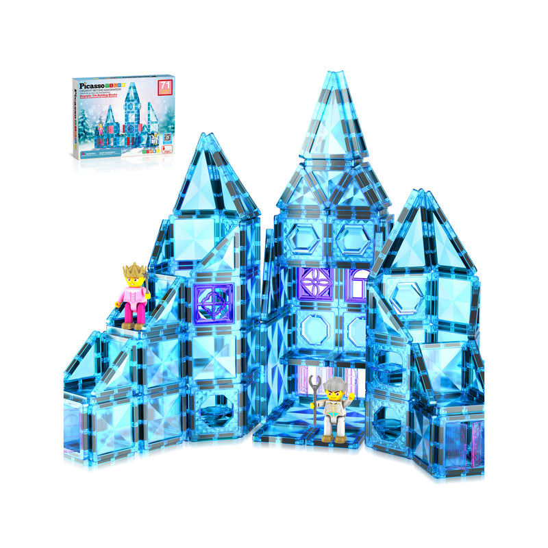 PicassoTiles blue magnetic tile ice castle structure with two toy figures and product packaging.