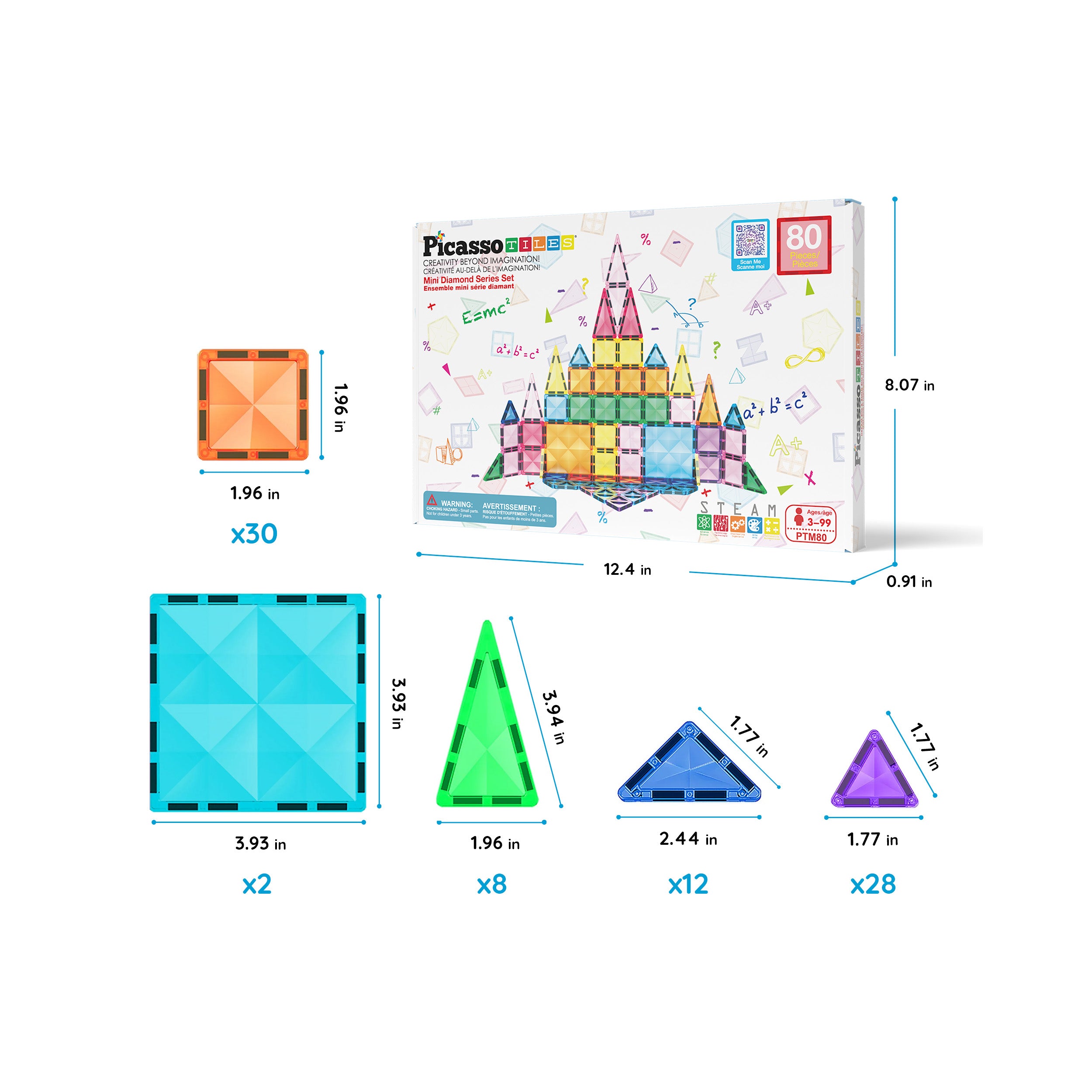 PicassoTiles 80pc Magnetic Tile Mini Diamond Travel Sized Set