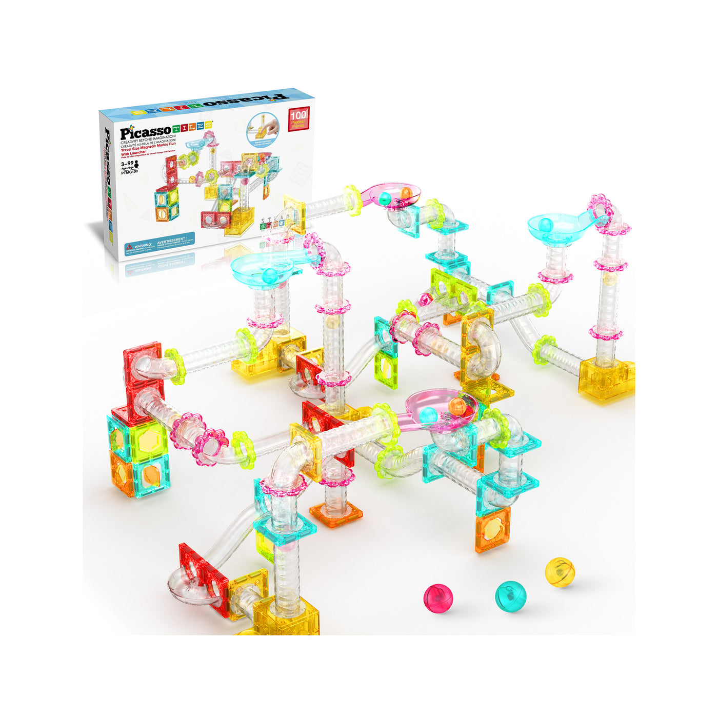 PicassoTiles 100pc Mini Magnetic Tile Marble Run Set