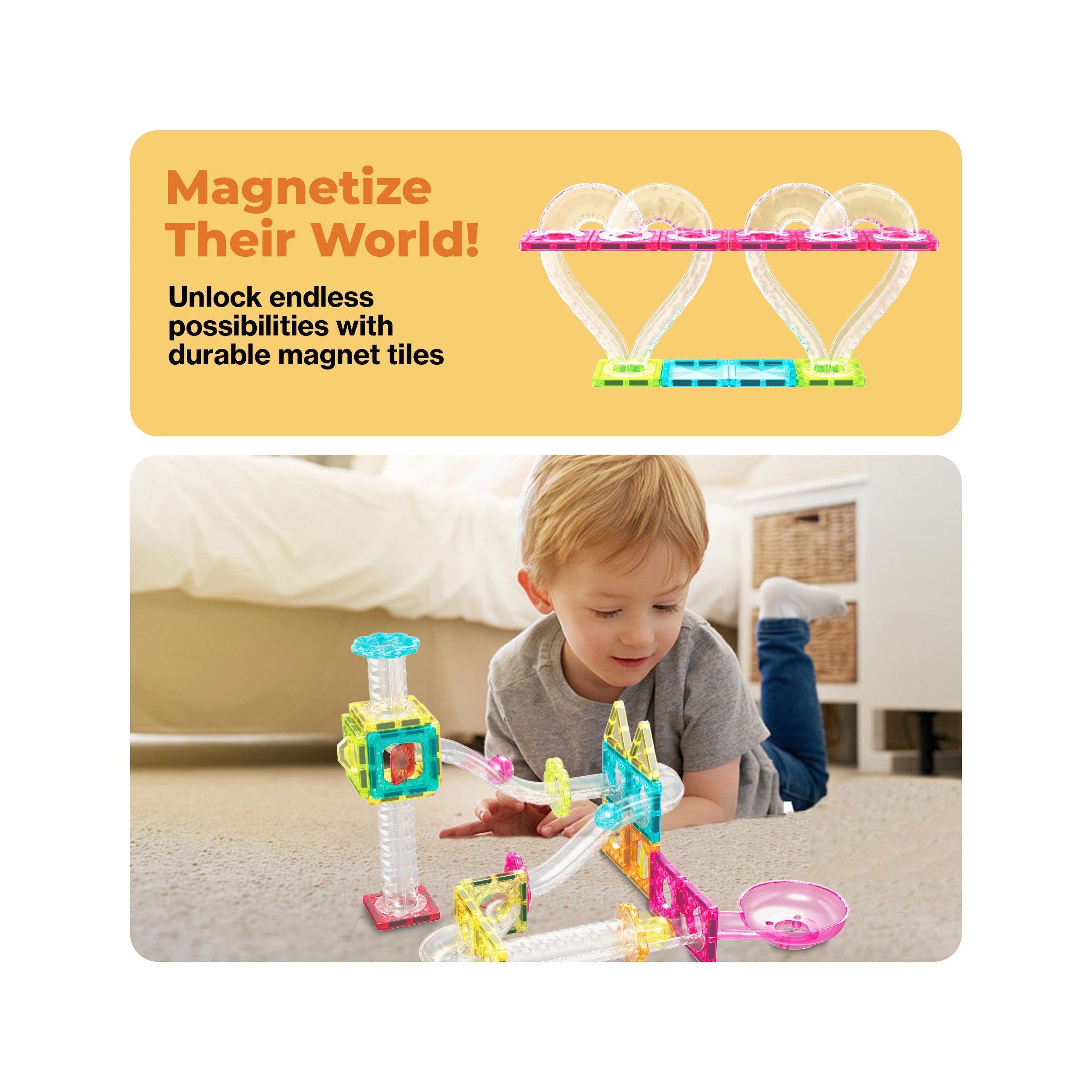 PicassoTiles Marble Run 45 Piece Travel Size Magnetic Tiles Building Blocks