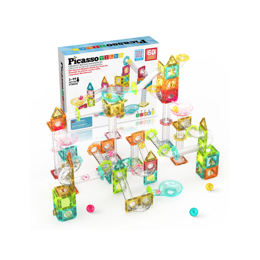 PicassoTiles 60pc Magnetic Tiles Marble Run Travel Size Construction Playset