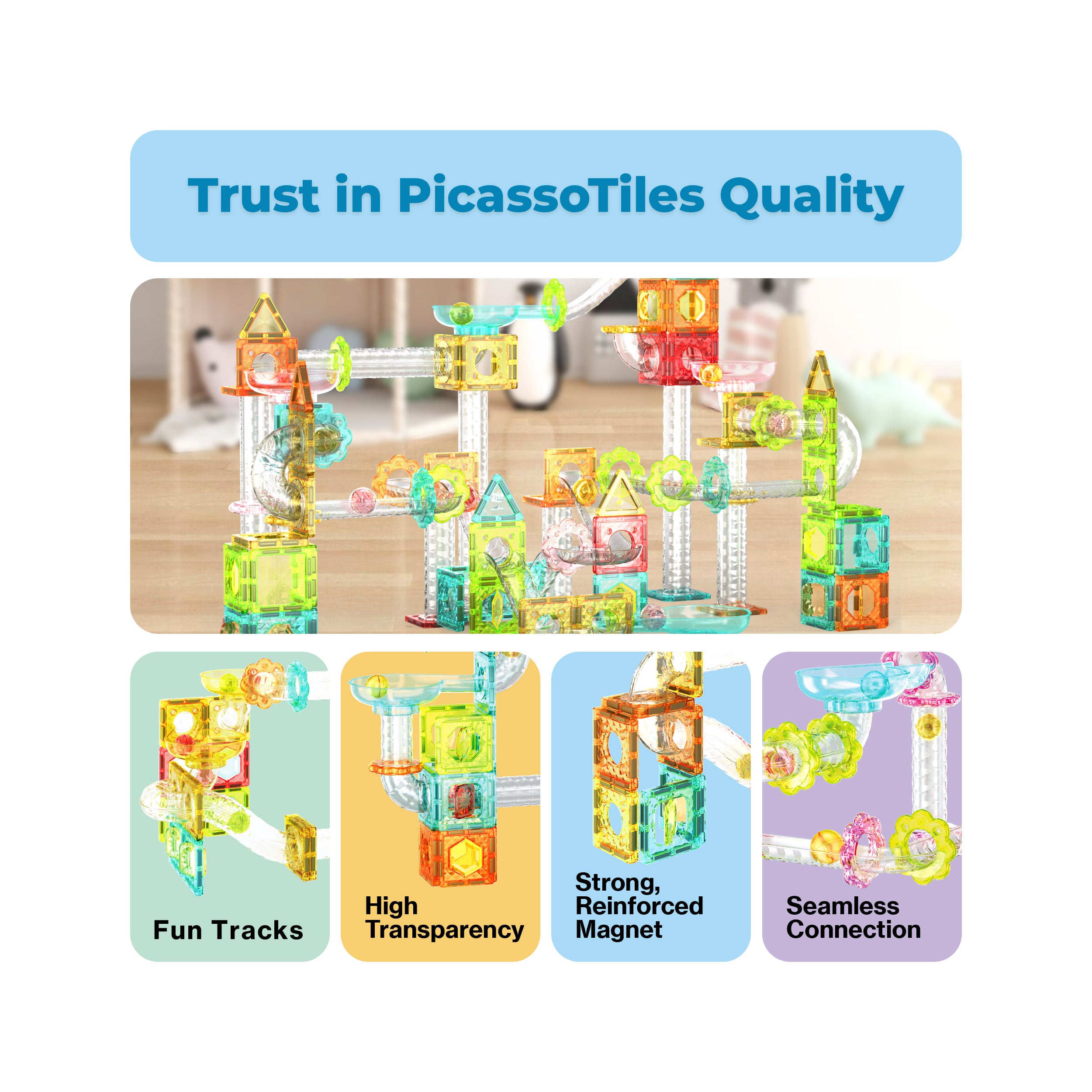 PicassoTiles 60pc Magnetic Tiles Marble Run Travel Size Construction Playset