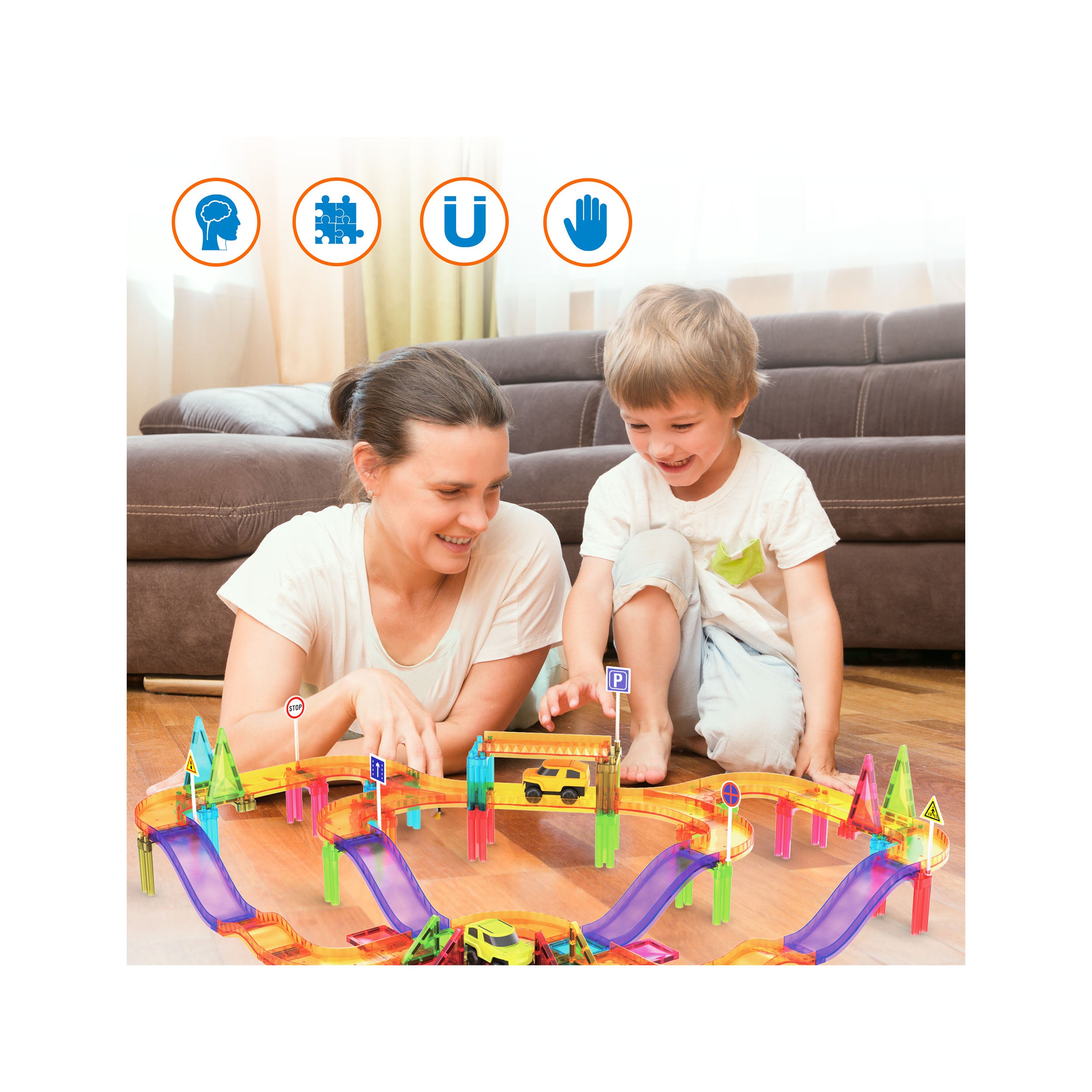 PicassoTiles 60pc Travel Magnet Tile Race Track with Car Playset
