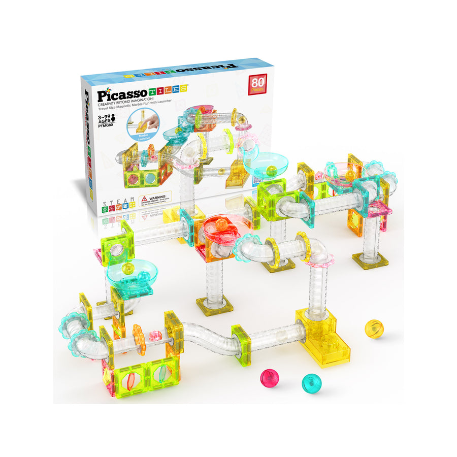 PicassoTiles Travel Sized Marble Run Launcher Building Block Set