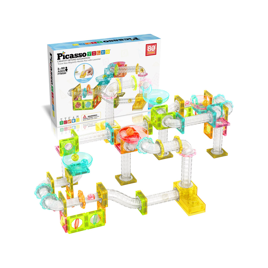 PicassoTiles Travel Sized Marble Run Launcher Building Block Set